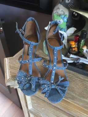 Denim Stud T-Strap Bow Sandals - Blue Eur 38